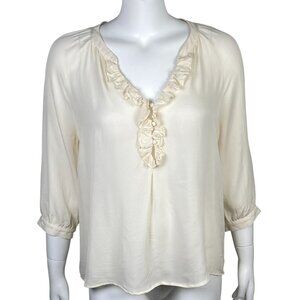 Joie 100% Silk Blouse Size XS Ruffle Detail 3/4 Sleeves Popover Ivory V Neck